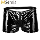 Мужские боксеры с вырезами MSemis, черные блестящие пикантные шорты из лакированной кожи, с открытой молнией и пуговицами, сексуальное нижнее белье для геев