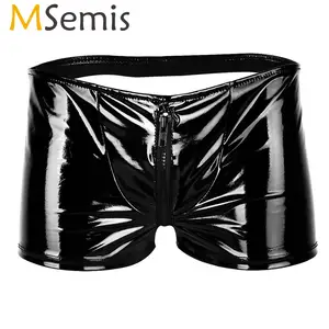 Мужские боксеры с вырезами MSemis, черные блестящие пикантные шорты из лакированной кожи, с открытой молнией и пуговицами, сексуальное нижнее белье для геев