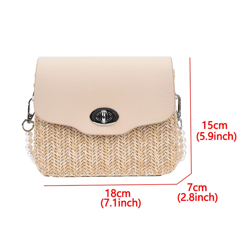 

Designer Weave Square Crossbody Bags For Women Pearl Strap Straw Handbag Women Shoulder Bag Bohemian Beach Straw Women's Bag New