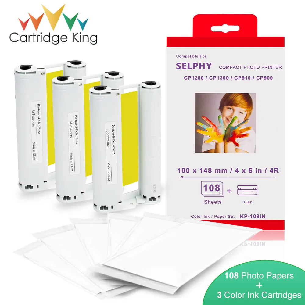 

3PCS Ink 108 Sheets Photo Paper Set Photo Print for Canon Selphy CP1300 CP1200 C1000 CP910 CP900 KP 108IN KP-36IN Ink Cartridge