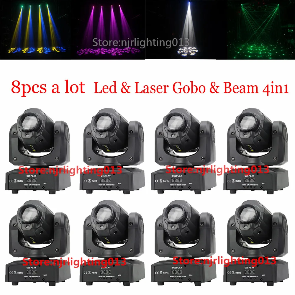 

8pcs DMX512 RGBW 4in1 80W LED Moving Head Beam Gobo Light & 80MW Laser Effect Light For Dj Stage Disco