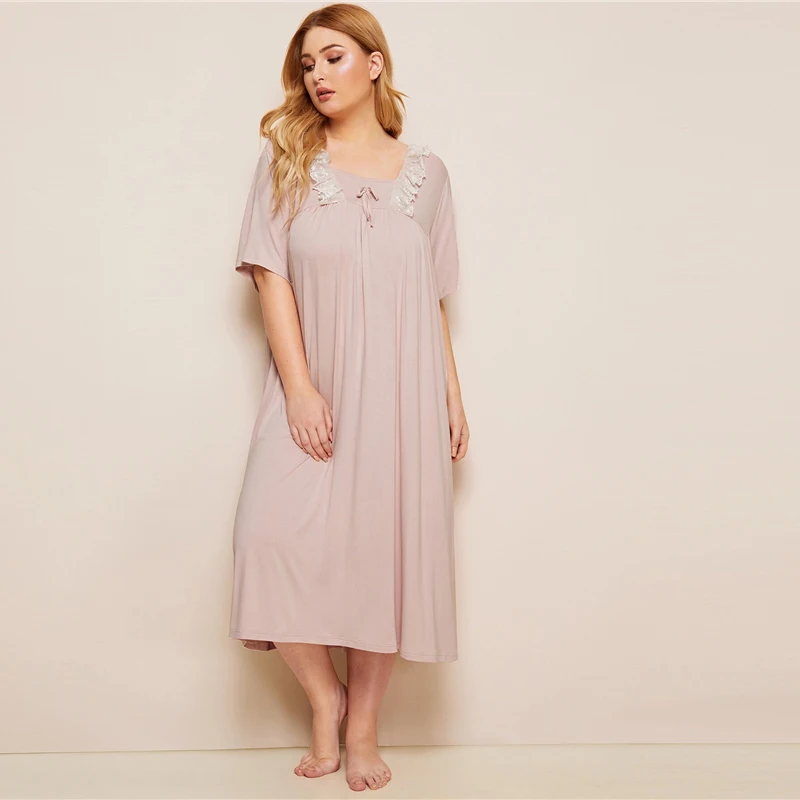 SHEIN плюс размер розовые контрастные кружевные ночные платья с коротким рукавом женские летние повседневные квадратные шеи большие размеры пижамы платье