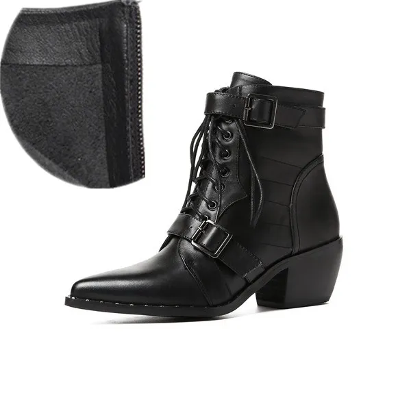 Black Plush in Prova Perfetto; фирменный дизайн; Женские ботинки в байкерском стиле с заклепками и пряжкой; ботильоны на шнуровке с острым носком на не сужающемся книзу массивном каблуке и молнии; Botas Mujer - Цвет: Black Plush in