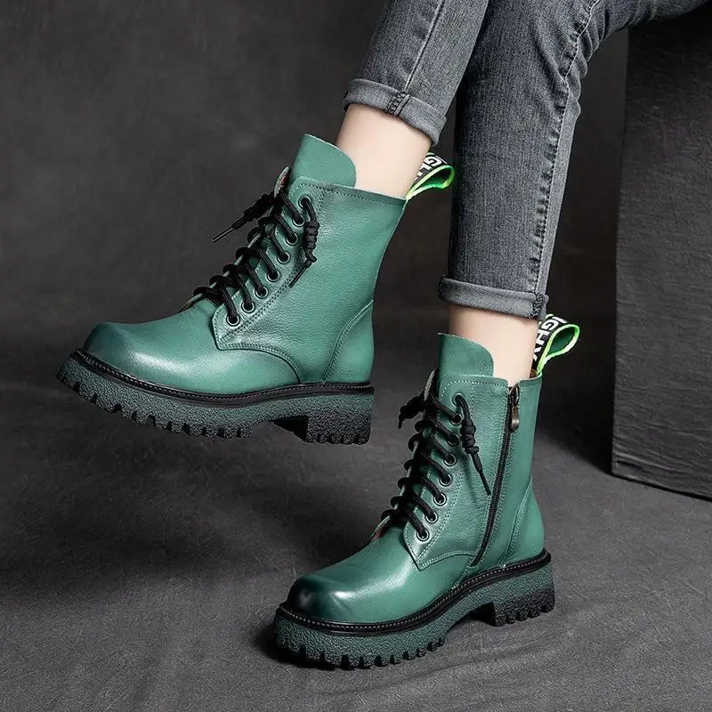 

Women Platform Martin Boots Genuine Leather Ankle Boots Zipper Shoes Autumn Winter Lace Up Black Boots Square Med Heel Hot