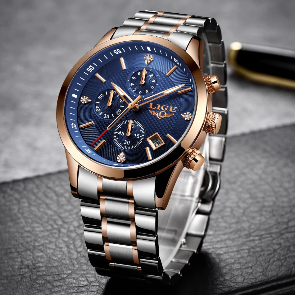 Часы наручные LIGE Мужские кварцевые роскошные брендовые модные в стиле милитари с