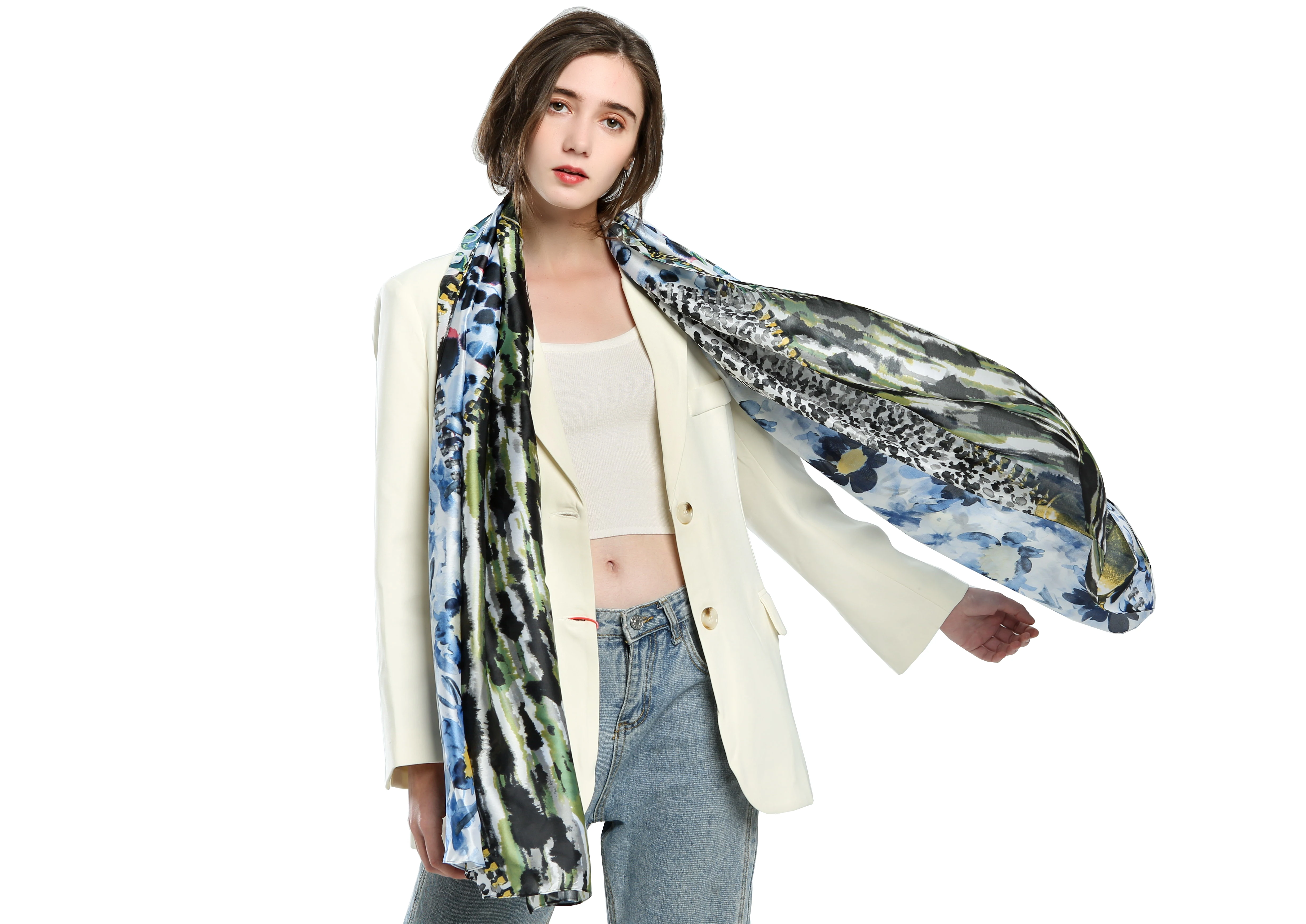 

NewSsilk Scarf Travel Shawl New silk Satin Scarf Outdoor Catwalk Cloak Zipper Printing Stitching Silk Scarf