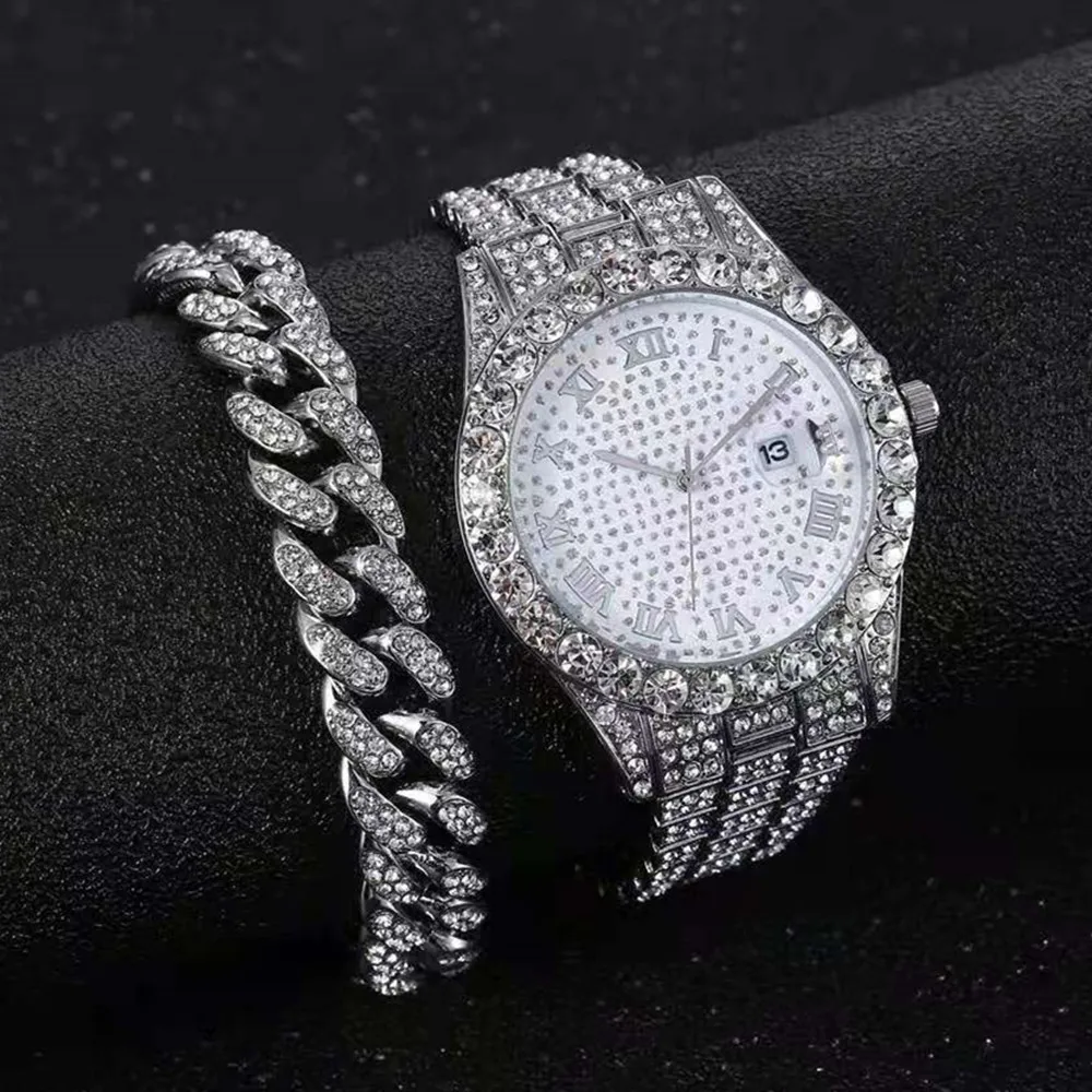 Iced Out Bracelet + Watches for Men Full Iced Out Watch Quartz Wristwatch Hip Hop Gold Diamond Mens Watch Set Reloj Dropshipping full bling iced out watch for men hip hop rapper quartz mens watches wristwatch clasic square case diamond fashion men watches