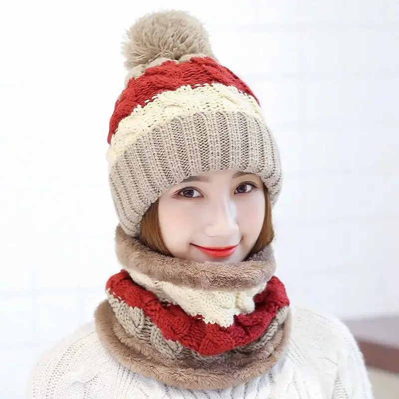 Fashion Winter Hat Scarf Set For Women Girl Warm Beanies Cap Lady Ring Scarf Pompoms Winter Hats Knitted Caps Scarf 2 Pieces