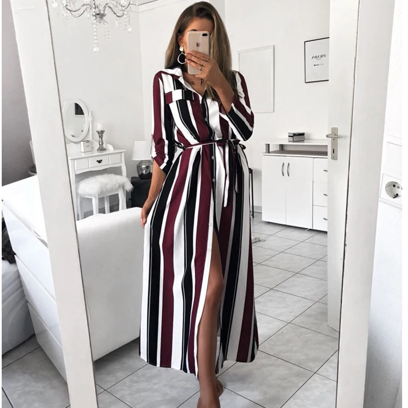 

Fashion Stripe Maxi Dress Office Lady Turn-Down Collar Button Long Shirt Dress Casual Women Spring Autumn Long Sleeve Dress