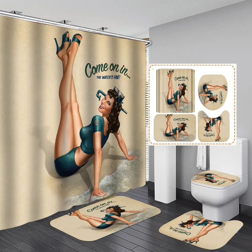 

Sexy American Girl Printed Bathroom Shower Curtain Retro Fashion Bath Carpet Toilet Lid Cover Bath Mat Pad Luxury Bathroom Decor