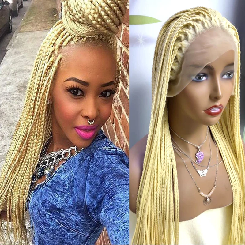 26Inch Synthetic Box Braids Wig 13X4 Transparent Lace Front Wig with Baby Hair Honey Blonde Braided Lace Frontal for Black Women