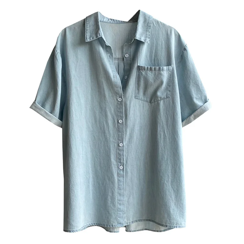 

Yeeloca Short Sleeve Denim Shirt Women's Thin Lapel 2021 Single Breasted Casual Blousers Korean Summer Slim Top