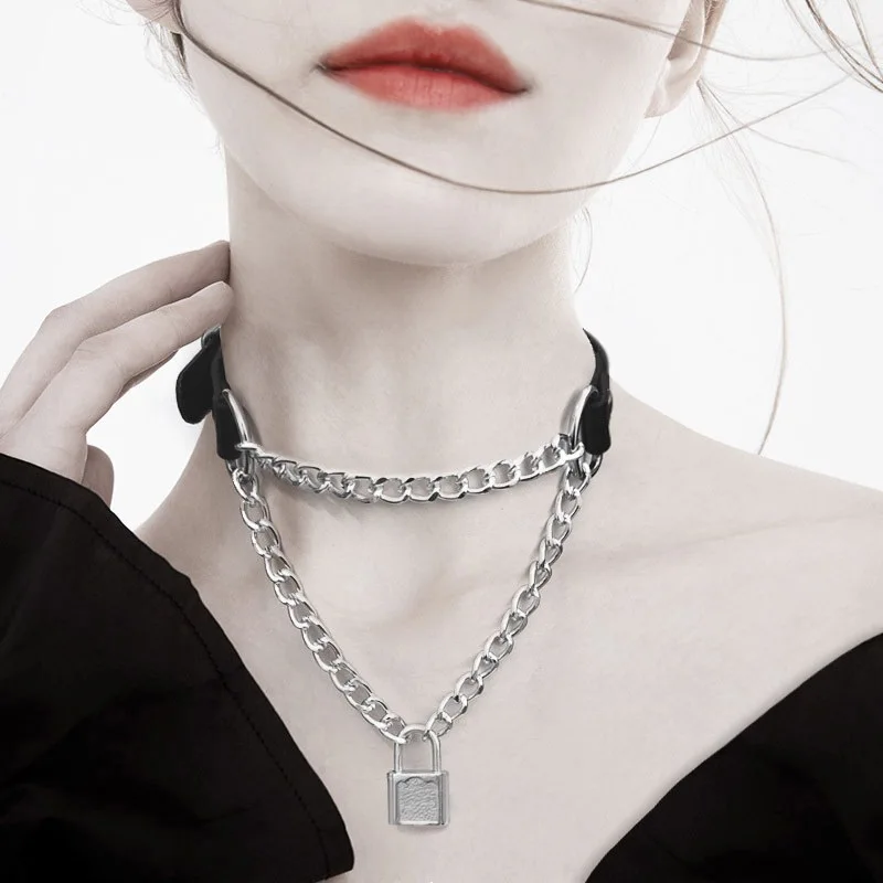 Женская цепочка на замке Готическая панк из искусственной кожи колье чокер с