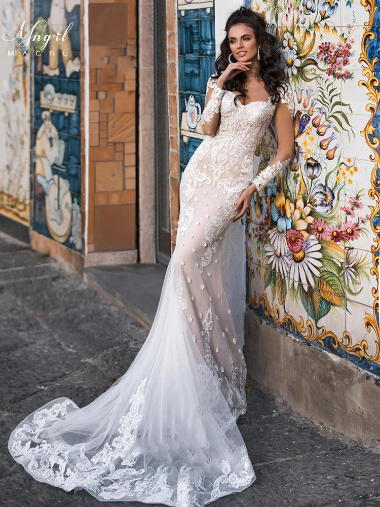 

MNGRL V-neck Long Sleeve Simple Mermaid Bridal Dresses Backless 3D Flower Wedding Dress White Lace Wedding Gown