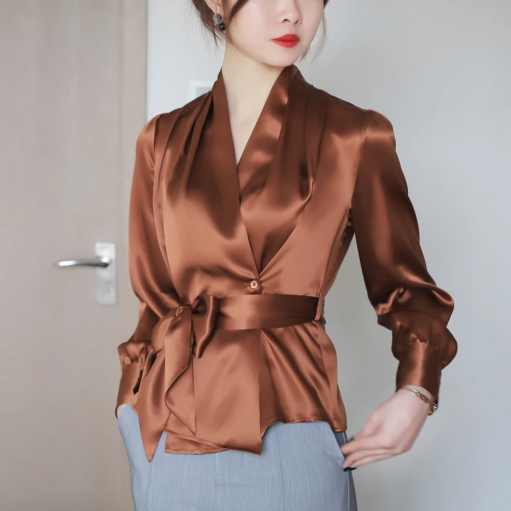 New Spring Summer Blouse Women Long Sleeve Shirts Fashion Silk Shirt With Bow Belt V Neck Office Ladies Work Wear Tops LX2613