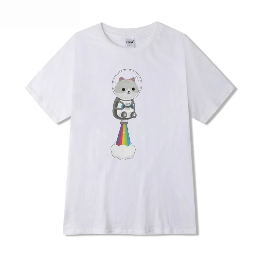 

100% Cotton Men T shirts The Astronaut Cat By Rainbow Fart Catoon Short Sleeve T-shirt Loose Streetwear in Hotsale For Lovers
