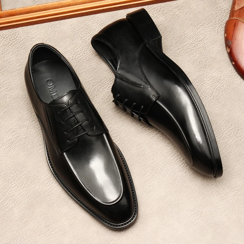 Мужские классические туфли черные из натуральной кожи на шнуровке с пряжкой