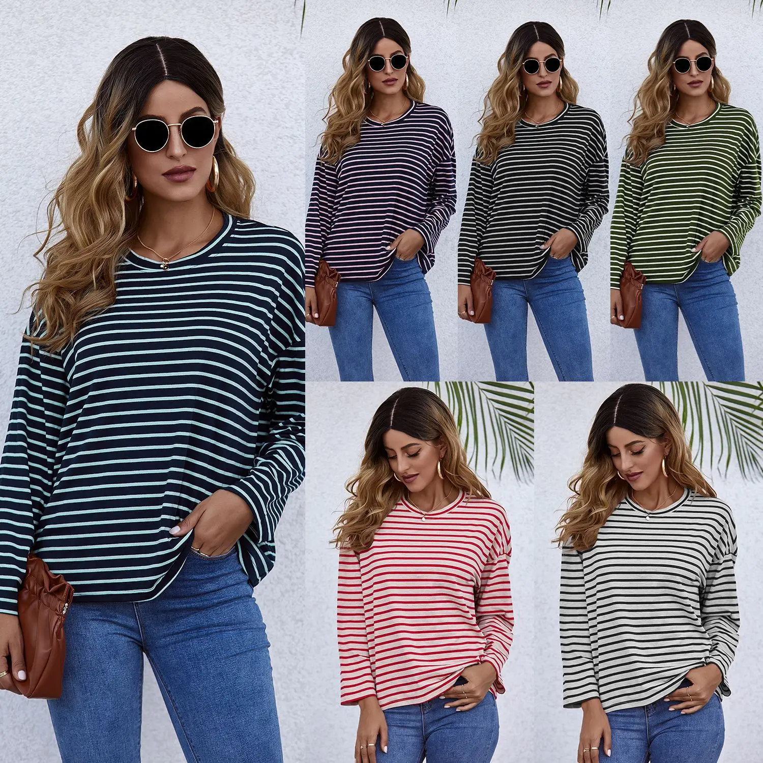 

Hot Sale Striped Top Women's 2020 Autumn Loose O Neck Long Sleeve T-shirt Girls Casual Tops