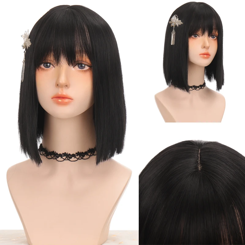 

LIANGMO Short Bob Wig With Bangs for Women Synthetic Bob Wigs Black Pink Purple Wig for Lolita Cosplay Party Daily Use