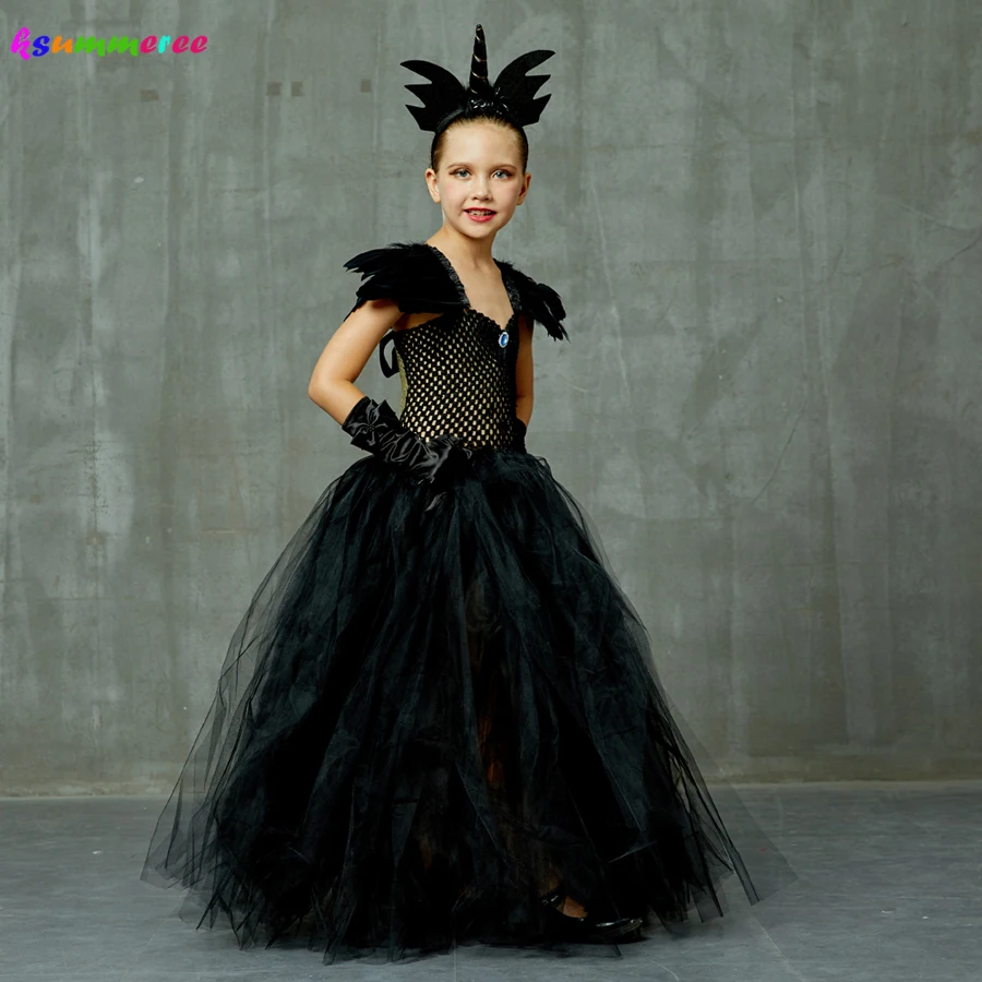 Black Long Devil Tutu Dress Halloween Costume Girls Tulle Dark Angel V-neck Kids Pageant Carnival Party Ball Gown Dresses | Детская