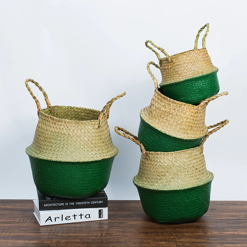 S/M/L/XL Seagrass Wickerwork Basket Rattan Hanging Flower Pot Dirty Laundry Storage Basket Folding Sundries Organizer Green images - 6