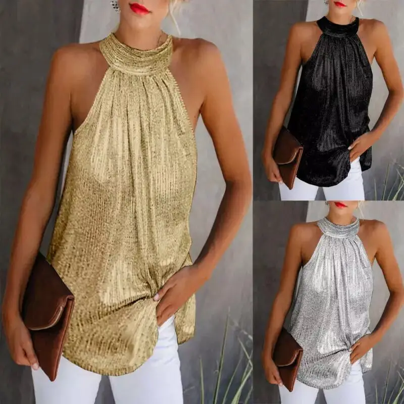 

2021 Womens T-Shirt Tops Sequin Glitter Strappy Tops Ladies Sexy Sparkle Hang-Neck Swing Vest Clubwear Party Night Tanks