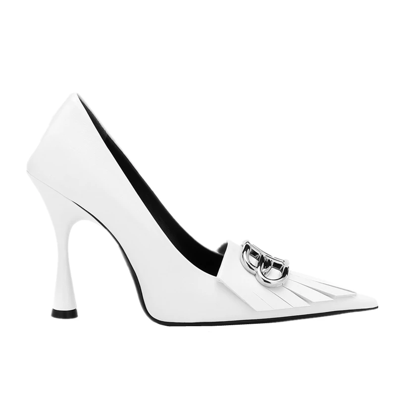 

Europe and the United States bb letter metal buckle pointed high heels in autumn and winter2020new white fashion shoes for women