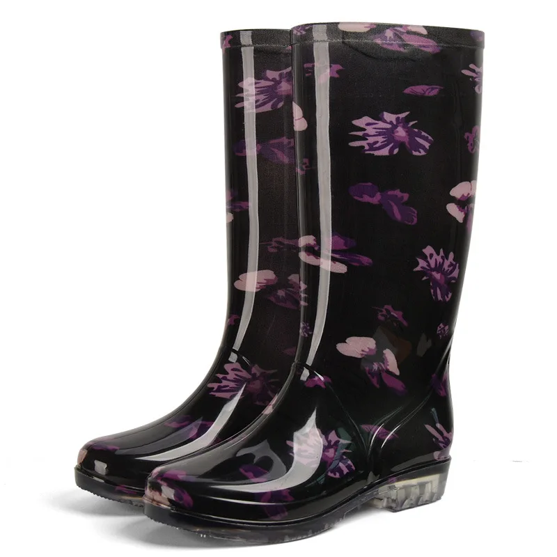 thin purple flower Aleafalling/ г. Новые женские непромокаемые сапоги низкая водонепроницаемая обувь из ПВХ зимние Нескользящие теплые резиновые ботинки 36-41 - Цвет: thin purple flower