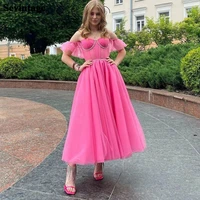 sevintage simple fuchsia short women prom dresses off shoulder tea length fitted bones evening gowns junior homecoming dress