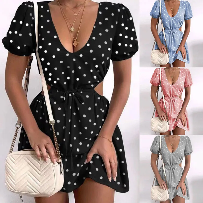 

Summer Spring V Neck Dot Print Dress Women Sexy Hollow Out Party Dress Casual Short Sleeve Lace-Up Beach Dresses Mini Bodycon