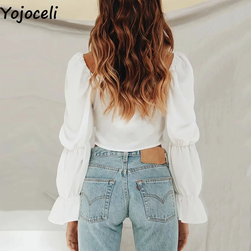 Yojoceli элегантная белая блузка с открытыми плечами и рюшами Женская Осенняя
