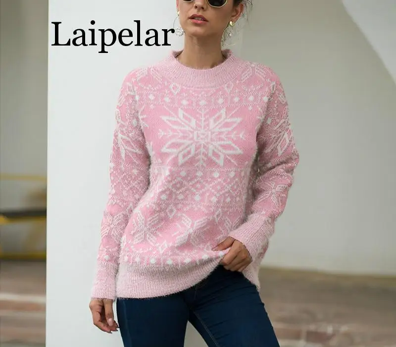 

Knitted women Christmas sweater snowflake Autumn winter long sleeve loose pullover streetwear Chic ladies top jumper