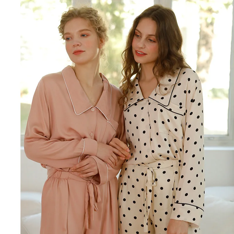 105 Spring Autumn Stain Dot Womens Shirt Pajamas Set Long Sleeve Two-pieces Sleepwear V-neck Women Nightwear Full Pant Homewear