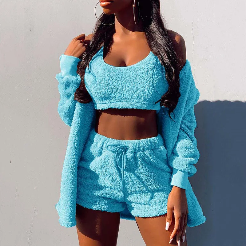 3Pcs Sets Women Winter Outfits Plush Warm Sexy Long Sleeve Pyjamas Sports Sweatshirt Homewear Crop Top Vest Shorts Set Tracksuit |