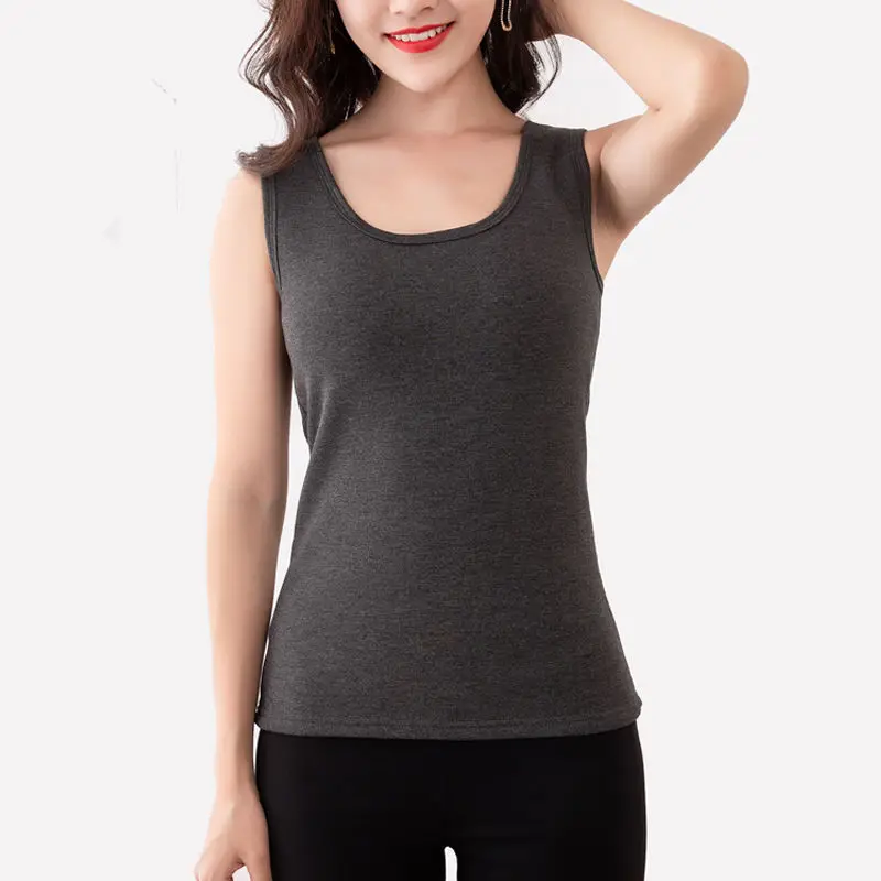 

2021 Women Autumn Winter Fashion Warm Velvet Thermal Vest Female O-neck Underwear Tanks Tops Ladies Slim Sleeveless Tops M840