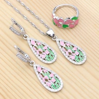 925 sterling silver jewelry set for women pink enamel crystal earrings pendant necklace ring set wedding jewelry