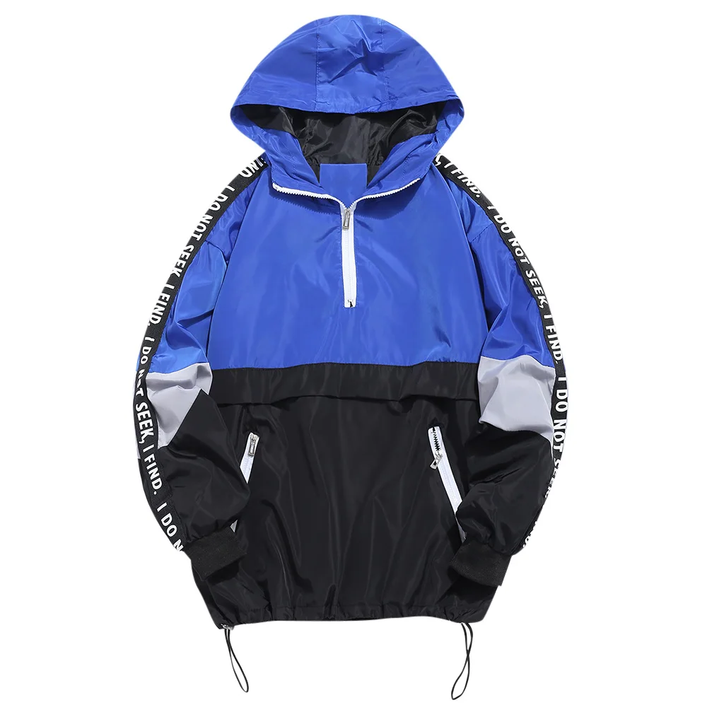 Blue ZAFUL Мужская цветная толстовка с боковой надписью в полоску, быстросохнущая толстовка с карманами на молнии, ветрозащитные графические толстовки, Студенческая хип-кофта с капюшоном в стиле поп - Цвет: Blue