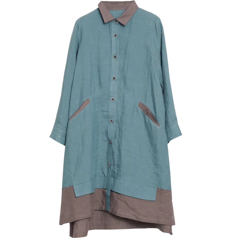 

Женское винтажное платье-рубашка из хлопка и льна, повседневное Свободное длинное платье в стиле пэчворк с длинными рукавами и карманами