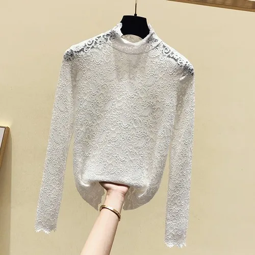 женские рубашки с длинным рукавом белая кружевная Женская одежда Новинка 2019 мода