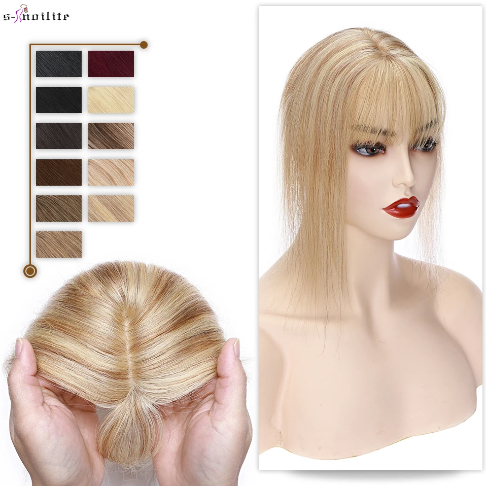 

S-noilte 6x9cm Hair Toppers With Bangs Human Hair Silk Base Hair Cilp Wigs Straight Hair Piece Clip In Hair Extensions Fake Hair