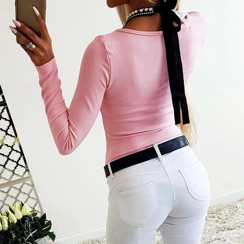 

FREE OSTRICH Womens Blouses Sexy Beaded Long Sleeve Bottoming Shirt Ladies Slim Solid Stretch Shirt Top Fall Clothes For Women