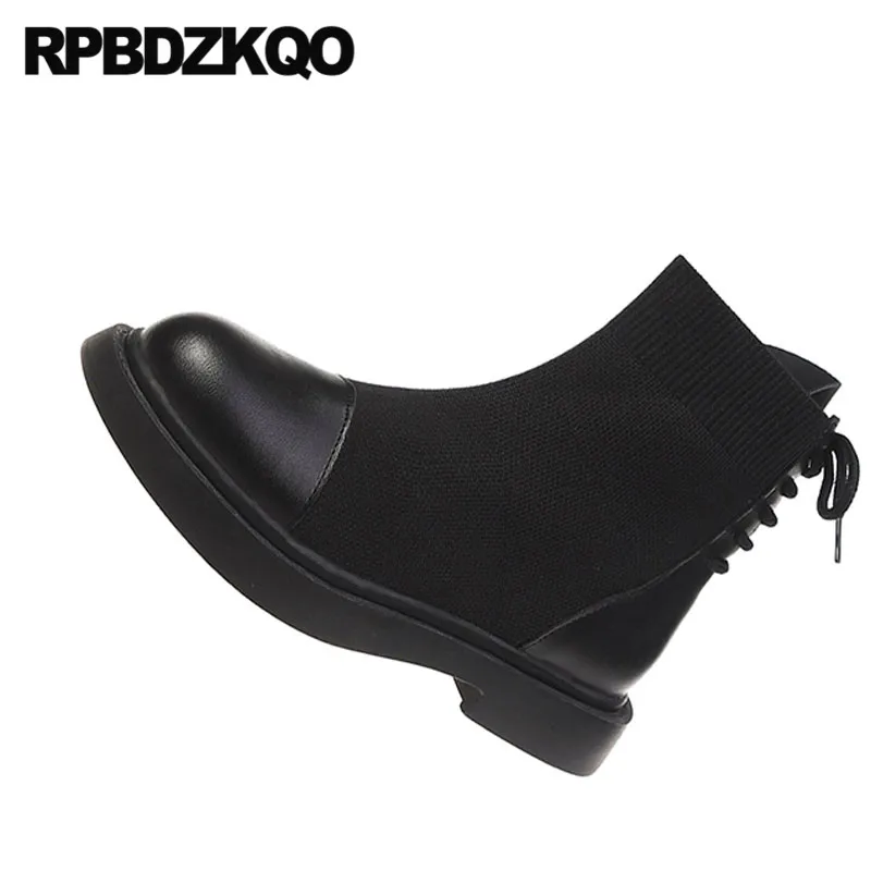 Женские ботильоны на шнуровке черные недорогие вязаные ботинки плоской подошве