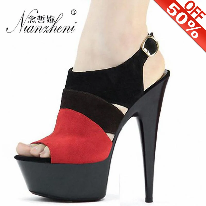 Летние замшевые сандалии на высоком каблуке 6 дюймов с пуговицами и высотой 15 см