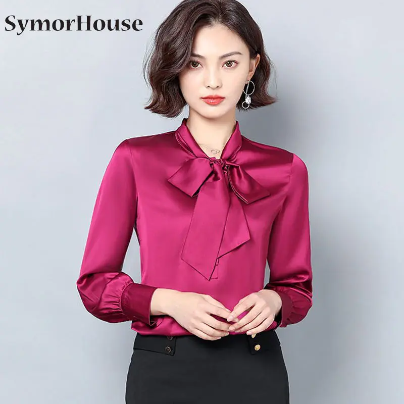 

Блузка Женская атласная с длинным рукавом, шелковая элегантная рубашка с бантом, корейский стиль, весна-осень