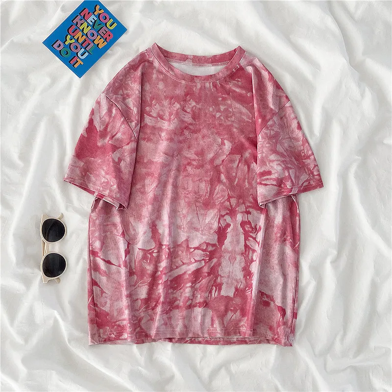 

E-BAIHUI 95% Polyester Women T Shirt Casual Funny Tshirts Kawaii Tees Top Female Harajuku Short Sleeves Shirts Woman Red Tie Dye