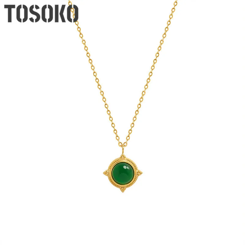 

New Stainless Steel Jewelry Natural Green Geometric Stone Chokers Necklaces Women Palace Style Simple Clavicle Chain BSP898