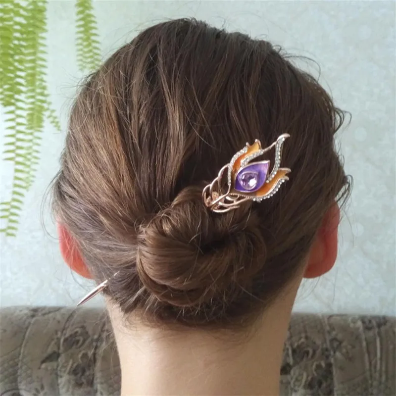 Enamel Peacock Feather Hair Sticks Women Wedding Jewelry Accessories