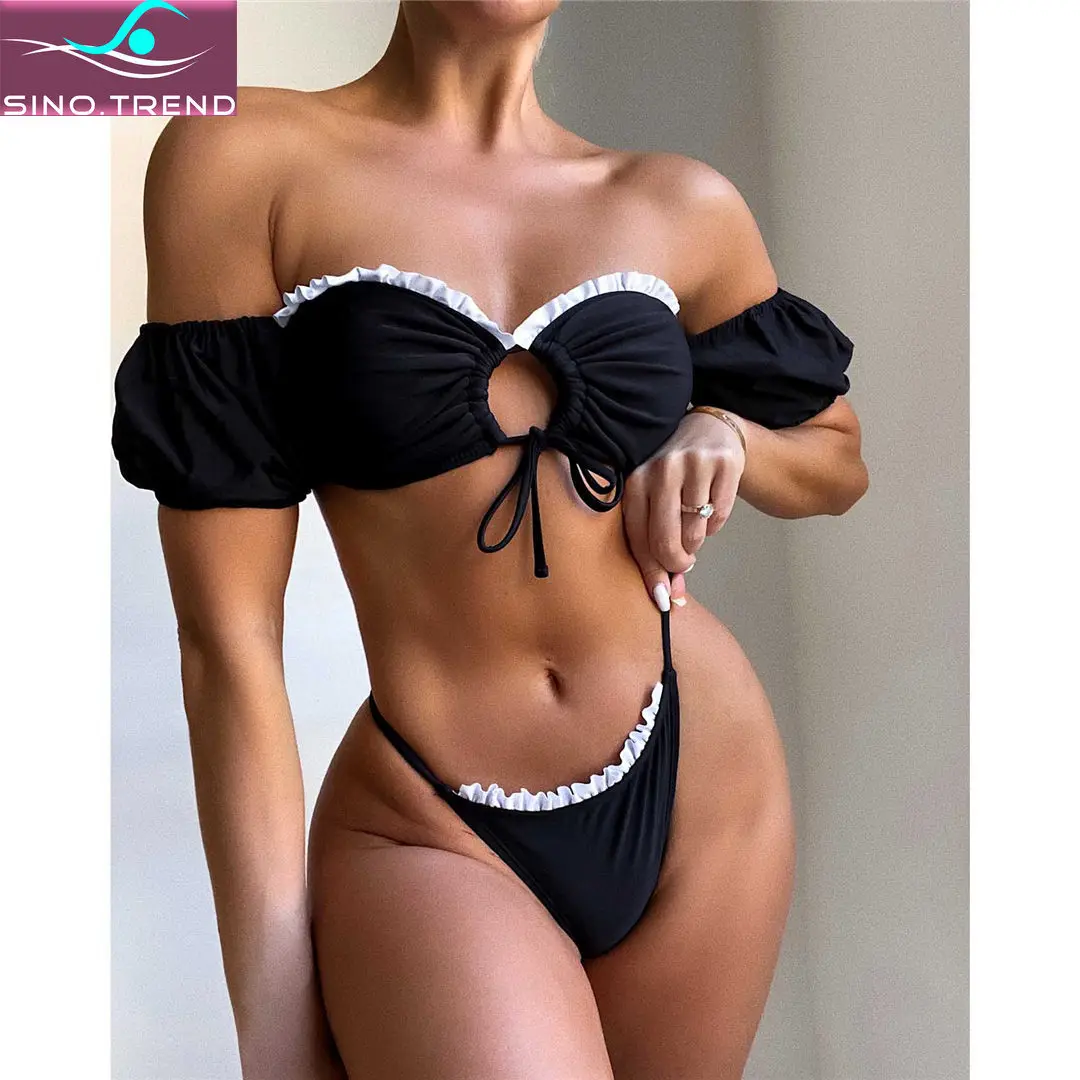 

SINO.TREND New Off Shoulder Frilled Ruffled Bikini Set Women Swimwear Female Swimsuit Two-piece Bather Bathing Suit Swim Lady
