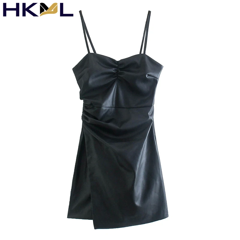 

Женские платья из искусственной кожи без рукавов с открытой спиной однотонные привлекательные трапециевидные платья на бретелях-спагетти ...