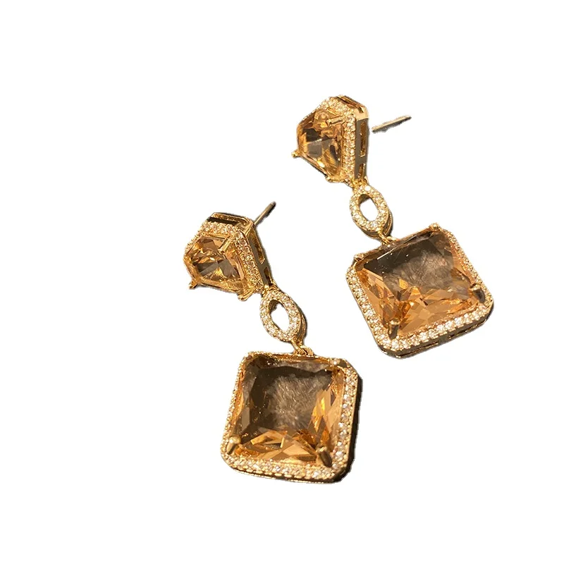 

Blucome Fashion Copper Zircon Diamond Shape Quality Dangle Earrings Square Gem Earrings for Women Party Wedding Korean Earrings
